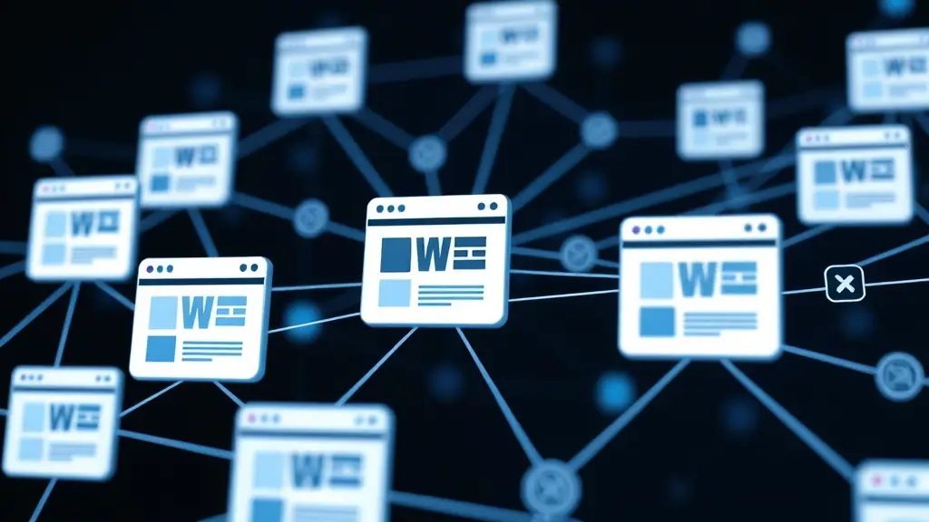 Digital illustration of interconnected web pages forming a network, symbolizing backlinks, SEO link building, and website authority connections.