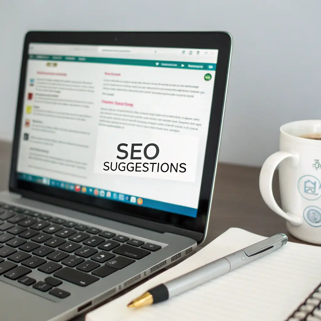 Laptop on a desk displaying a webpage with the text "SEO Suggestions," next to a notebook, pen, and coffee cup, symbolizing digital marketing optimization.