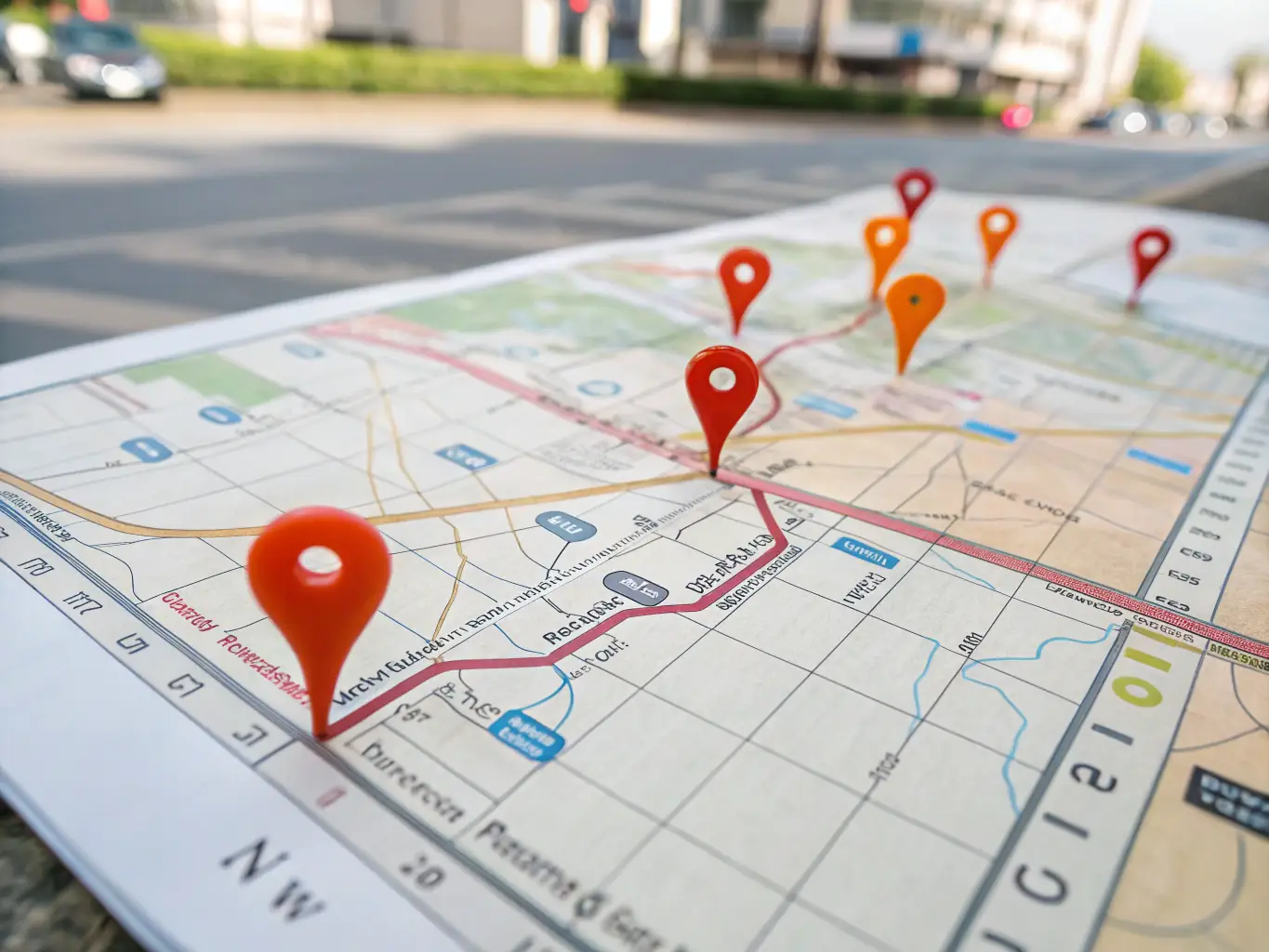 Close-up of a city map with multiple red and orange location pins, symbolizing local SEO strategy, business listings, and geo-targeted marketing.