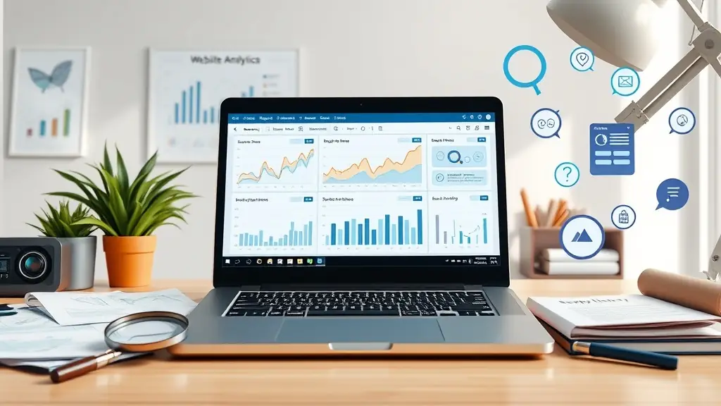 Laptop on a desk displaying website analytics dashboard with charts and graphs, surrounded by office items like a plant, magnifying glass, and notebooks, symbolizing SEO and digital marketing analysis.