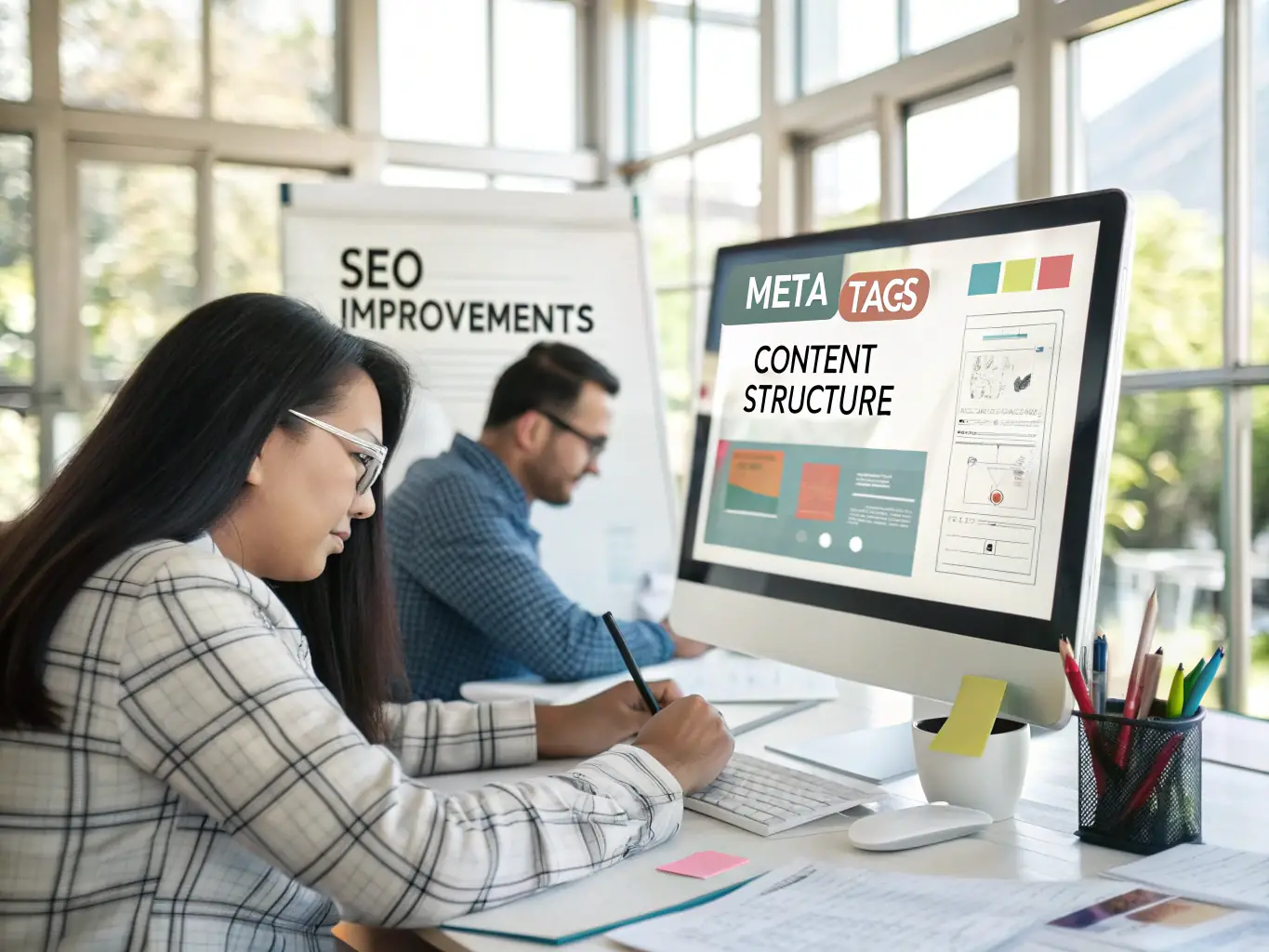 A content specialist is optimizing website content, including meta descriptions, title tags, and header tags, to improve relevance and user engagement.