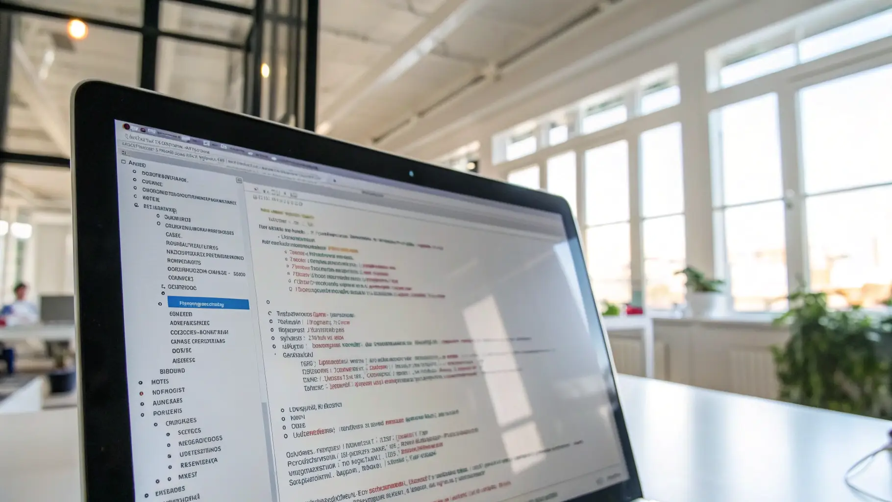 Laptop screen in a bright modern office showing lines of code and text, symbolizing programming, SEO technical optimization, or web development work.