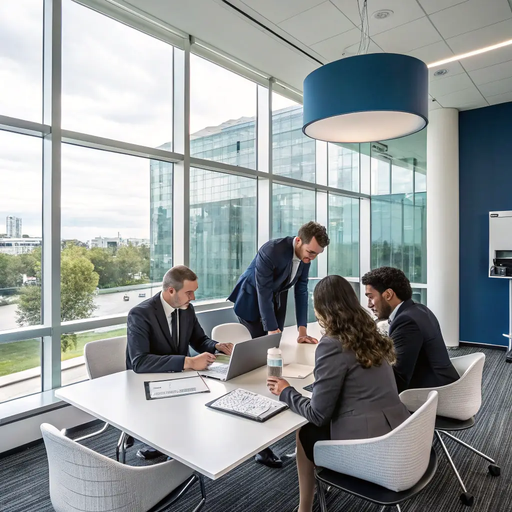Business meeting in a modern glass office with four professionals in suits discussing strategy around a table with laptops and documents.