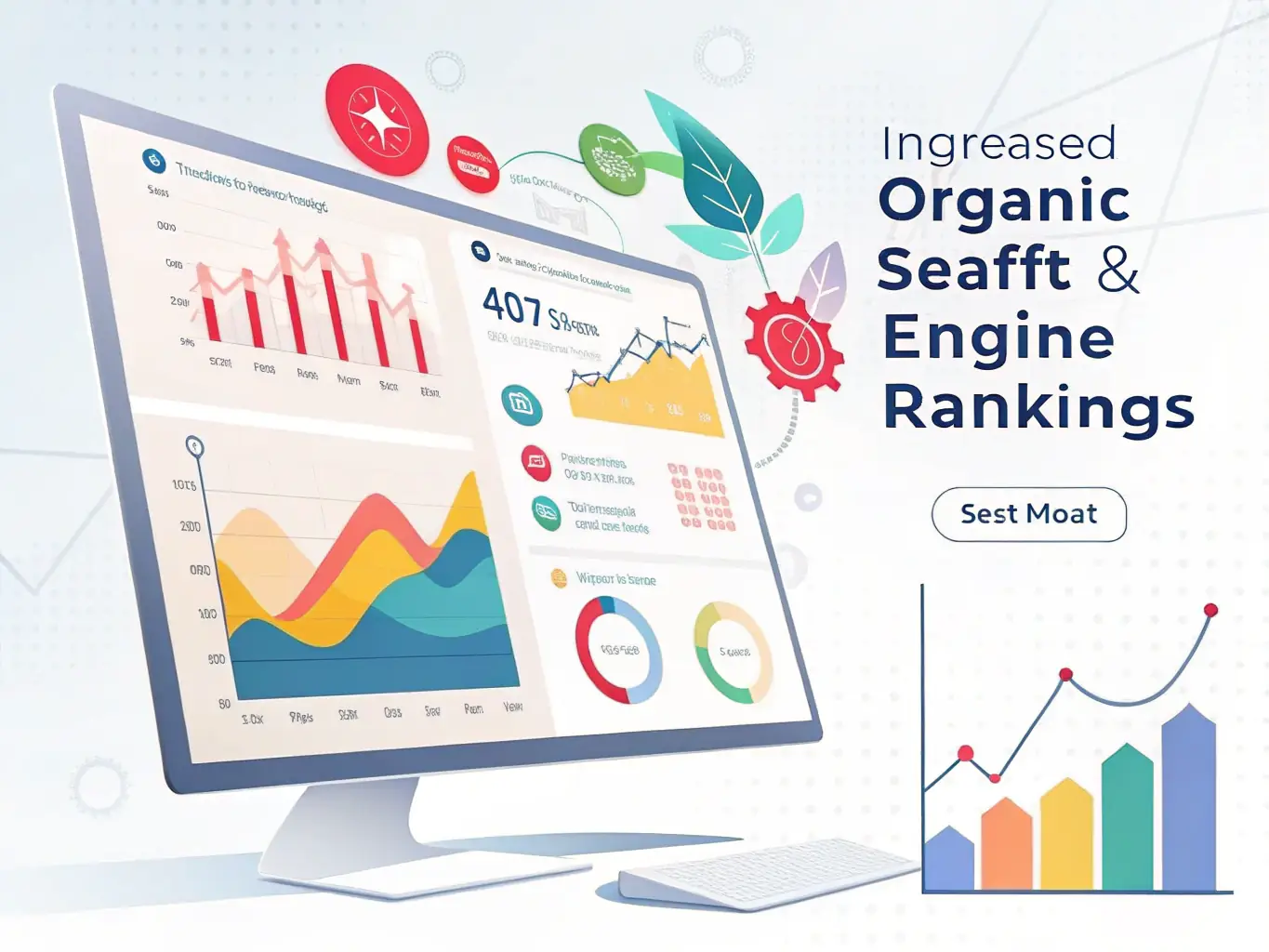 Illustration of a computer screen showing colorful SEO analytics graphs and charts with text highlighting increased organic traffic and search engine rankings.