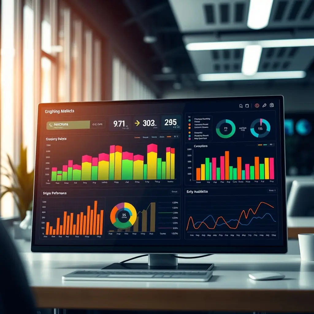 Monitor in a modern office displaying a colorful SEO analytics dashboard with bar charts, line graphs, and performance metrics.