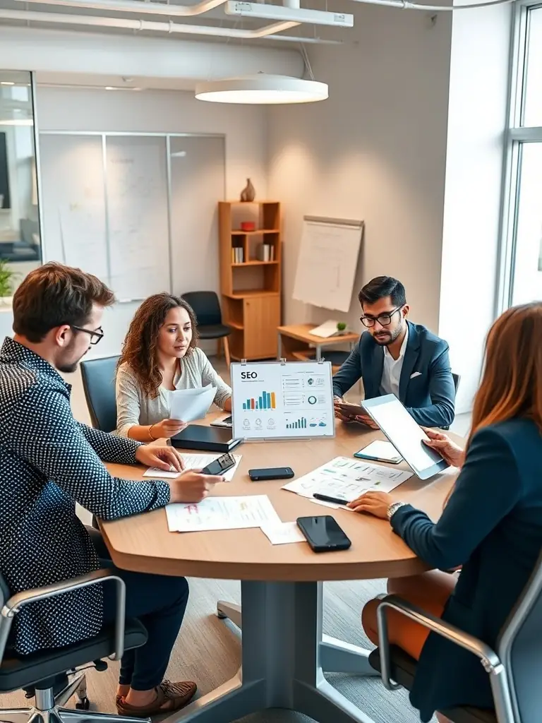 A professional photo of a team brainstorming SEO strategies in a modern office setting, emphasizing collaboration and expertise.