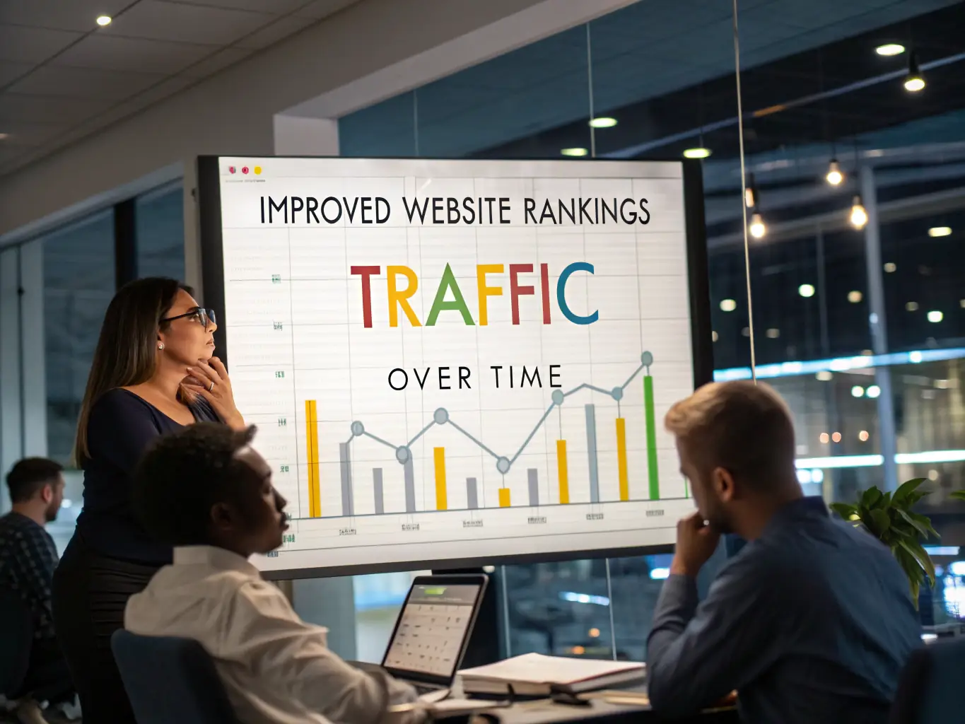 Marketing team in a modern office reviewing a presentation on improved website rankings and traffic growth over time with colorful charts.