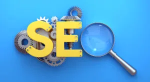 SEO concept illustration with magnifying glass under blue background